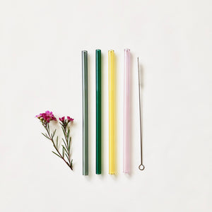 Glass Straws - Colour Mix - Pink, Yellow, Grey, Lake Green