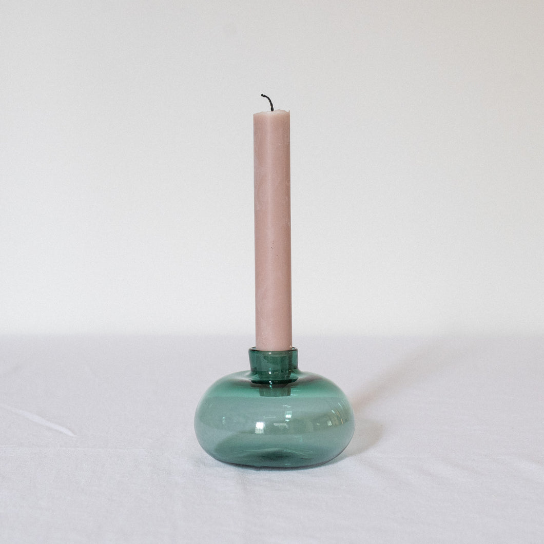 Hand Blown Glass Candle Holder - Lake Green